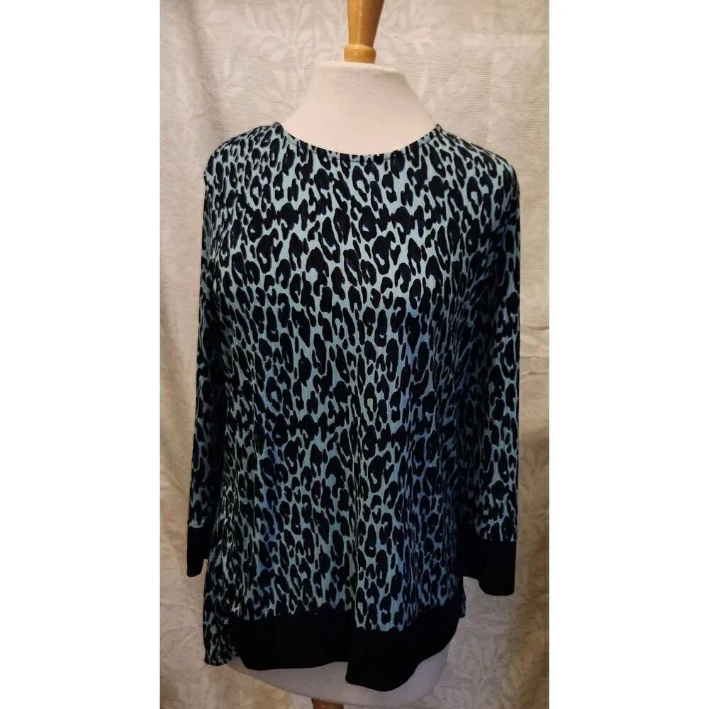 F59 Dana Buchman black & blue/green animal leopard print flowy stretch blouse